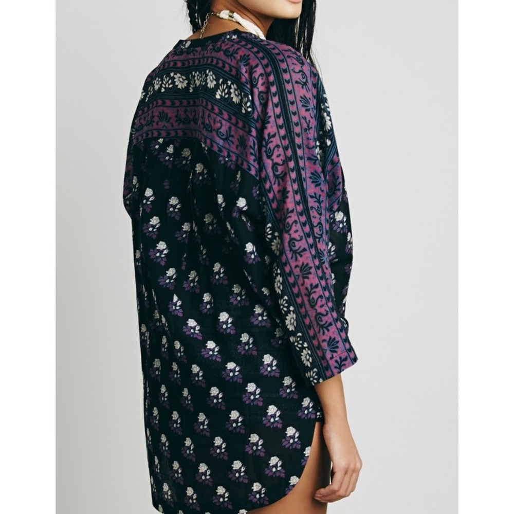 Free People Oversized Tunic Top Womens M Black Purple Floral Cotton Semi-Sheer